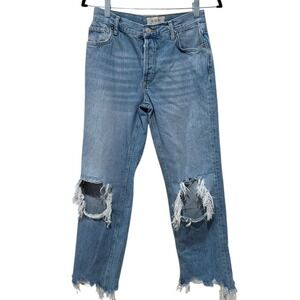 We The Free People Maggie Distressed‎ Mid Rise Button Fly Straight Jeans 25 Blue